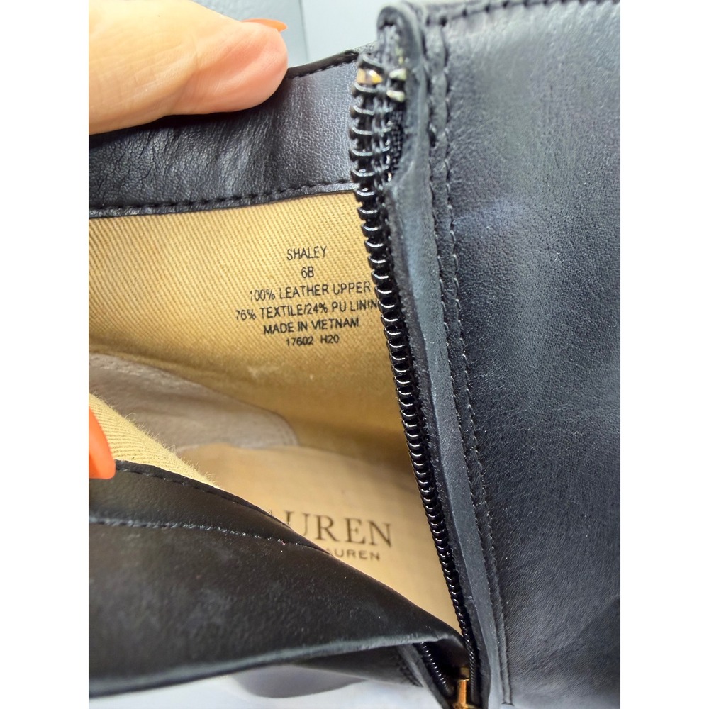 Lauren Ralph Lauren Shaley Black Leather Wedge Ankle Boots Gold Logo Size 6B - Picture 6 of 7